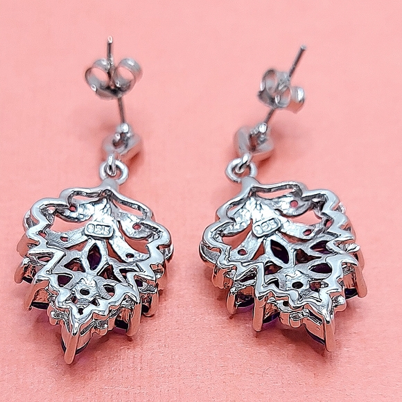 Natural Amethyst 6x3mm & Rhodolite Garnet 925 Sterling Silver Earrings - Picture 5 of 5